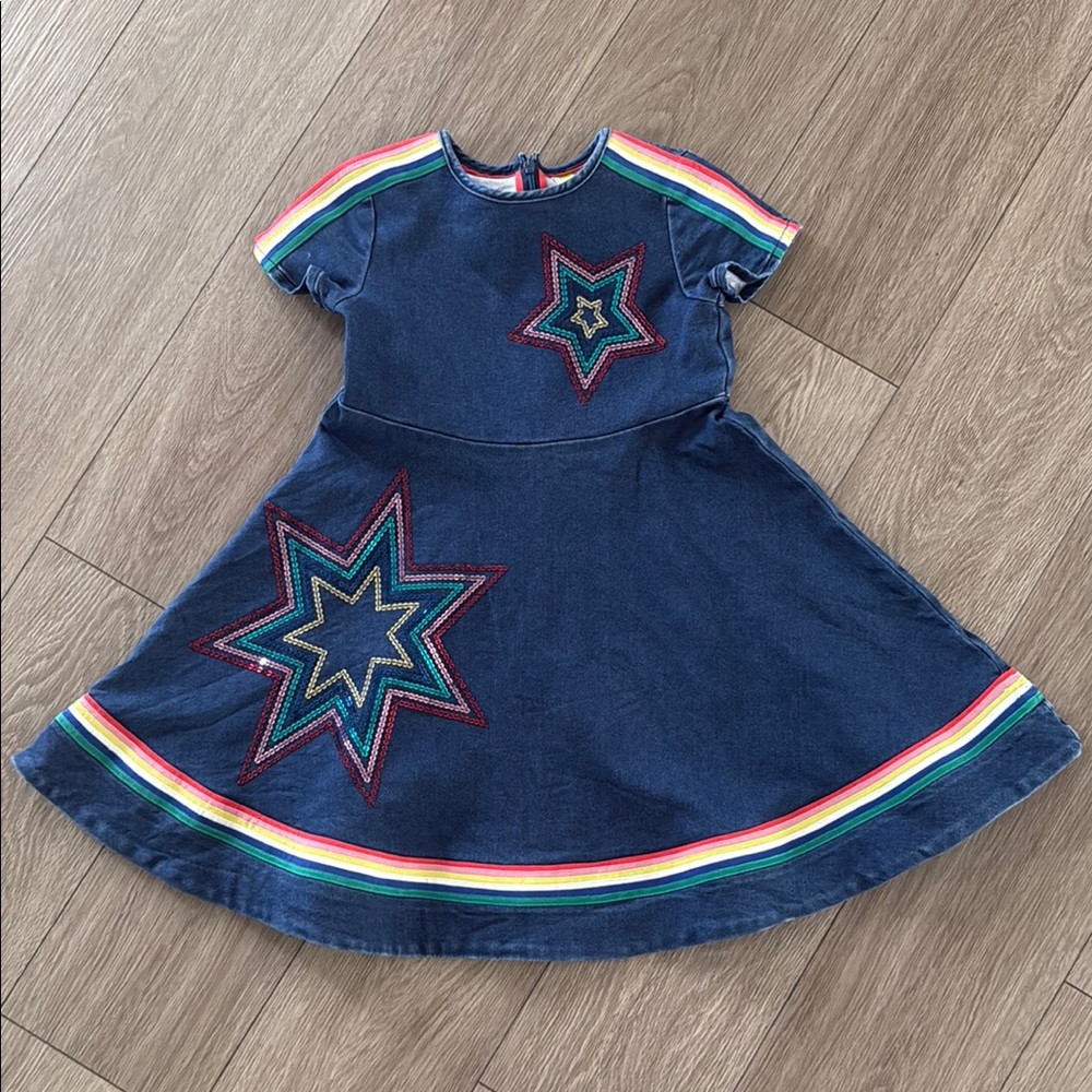 Mini Boden Denim Rainbow Star Kids Dress size 6-7 years